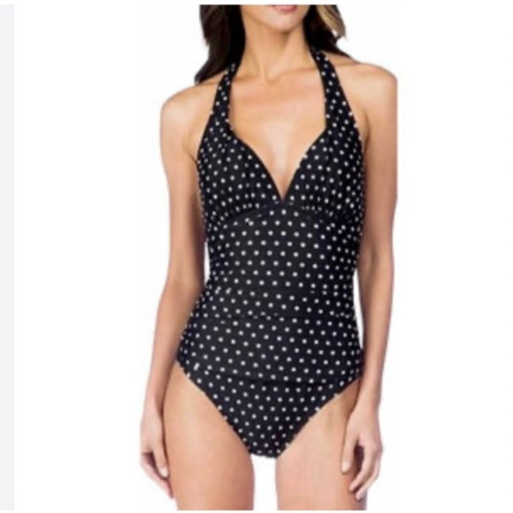 Lauren by Ralph Lauren Polka Dot Tie Neck Halter One-Piece Swimsuit black white